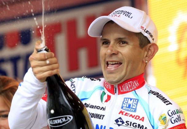 Rujano celebrates on podium after the 13th stage of the Giro d'Italia cycling race